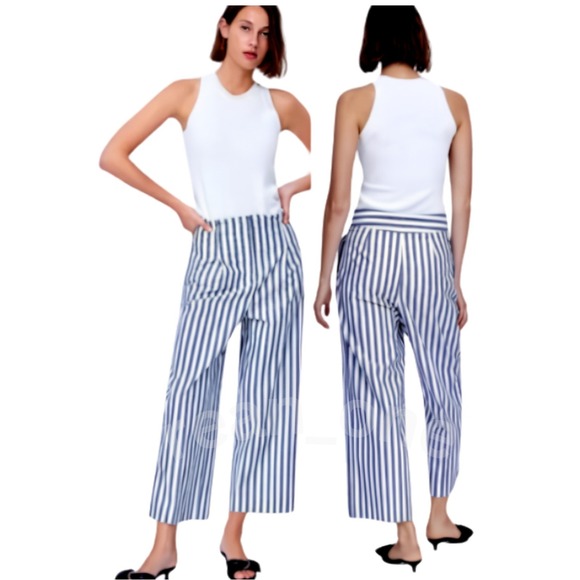 Zara Pants - ZARA Women's Blue And White Striped Wide-Leg Pleated Cropped Pants Size Large